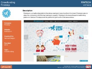 @FintechVN
FINTECH
VIETNAM
POWERED BY FINTECH MEETUP VIETNAM
FIND US: http://www.meetup.com/Fintech-Vietnam-Meetup/
Description
Firststep is a crowdfunding platform that allows startups to raise fund from the crowd. Firststep seeks to
allow the community to find the best startups to support. Firststep is the reward-based crowdfunding
platform in Vietnam. Firststep build this platform to get fund for Vietnamese ideas.
Crowdfunding
Firststep
Country/City
Vietnam/Saigon
Founded
2014
Topic
Crowdfunding
Company
Firststep
Website
firststep.vn
 