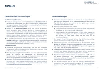 18
Geschäftsmodelle und Technologien Marktentwicklungen
AUSBLICK
Quellen: Clairfield Expert Group, KPMG, H2 Ventures, gründerszene
Geschäftsmodelle in Entwicklung
▪ Kredit- und Zahlungsverkehr waren in 2017 die stärksten Geschäftsbereiche. In
den Bereichen Versicherung (InsurTech), Authentifizierung (Identification),
Vermögensverwaltung (WealthTech) und Immobilien (PropTech) finden die
nächsten größeren Entwicklungen statt.
▪ Bezogen auf die Wertschöpfungskette gibt es eine Spaltung der Anbieter:
Bisher dominierten solche FinTechs, welche mit Finanzinstitutionen in
direktem Wettbewerb stehen (Disruptoren). Reifere Geschäftsmodelle
transformieren sich zunehmend zu einer geschäftsunterstützenden Funktion
(Business Enabler). Diese fokussieren sich auf einen bestimmten Teil der
Wertschöpfungskette und bieten diese Funktion etablierten Instituten an.
▪ Die geschäftsunterstützenden FinTechs nutzen dabei sog. „Open-Banking“
Lösungen, die einfach in die Prozesse der Finanzdienstleister implementiert
werden können („Plug-and-Play“). EU, USA und Australien bieten bereits den
entsprechenden regulatorischen Rahmen (EU: PSD2).
Zukunftstechnologien
▪ Wesentliche technologische Entwicklungen sind von der Künstlichen
Intelligenz (AI), im Bereich der Datenanalyse (Big Data), dem Internet of Things
(IoT) und von Blockchains zu erwarten.
▪ Über Machine Learning Anwendungen findet die AI auch in den Finanzsektor
Einzug. Die Ermittlung der Kreditqualität, die Vermarktung von
Versicherungen, die Automatisierung der Kundeninteraktion und immer
bessere Anlagealgorithmen sind die besten Beispiele hierfür.
▪ Abgesehen von Kryptowährungen befindet sich der Finanzsektor beim Thema
Blockchain noch in den Anfängen. Aktuell arbeitet eine Auswahl etablierter
Institute im sog. R3-Konsortium an einem gemeinsamen Standard. Einzelne
Institute entwickeln ihre individuellen Blockchains.
▪ Chinesische Unternehmen schneiden am stärksten ab. Sie belegen die ersten
drei Plätze, fünf liegen in den Top 10. Insgesamt befinden sich neun unter den
Top 100. Damit gehören sie weiterhin zu den größten, am stärksten
etablierten und mächtigsten FinTechs.
▪ Allerdings ist eine neue Entwicklung sichtbar:
▪ Erstens verteilt sich das Feld stärker als früher. Die globale Diversifizierung
der Anbieter hat von 22 auf 29 Länder zugenommen.
▪ Zweitens wurden die zukunftsweisendsten FinTechs in den Regionen UK
und EMEA entdeckt, d.h. Europa, Afrika und Naher Osten. Bislang galten
die FinTechs aus dem Silikon Valley und aus China als die
innovationskräftigsten.
▪ Der deutsche FinTech-Markt stellt fünf der Top 100 FinTechs und liegt
gemeinsam mit Frankreich in Europa hinter UK auf Rang 2.
▪ Die Finanzierungsrunden und Marktkapitalisierung der Teilnehmer steigen
weltweit an, wobei eine Konzentration auf die besten FinTechs stattfindet. Die
Top 50 FinTechs haben in 2017 USD 4,8 Mrd. eingesammelt, verglichen zu
USD 27 Mrd. über den gesamten Lebenszyklus.
▪ Die M&A-Intensität wird auf allen Ebenen steigen. Etablierte Institute werden
vermehrt neue Anbieter übernehmen, aber auch FinTechs werden sich
zusammenschließen, um kritisches Geschäftsvolumen zu erreichen.
▪ Branchenfremde Unternehmen treten in den Markt ein. Das betrifft nicht nur
die großen E-Commerce- und Technologie-Unternehmen, sondern
zunehmend auch Unternehmen, welche Finanzdienstleistungen zusätzlich zum
eigenen Produktangebot anbieten.
▪ Für deutsche FinTechs gilt es, jetzt die richtigen Weichenstellungen
vorzunehmen, um weiterhin ausreichend Kapital für Produktentwicklung,
Expansion in neue Märkte oder für Zukäufe und Übernahmen zu erhalten.
 