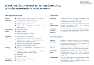 22
Mergers &
Acquisitions
▪ Planung, Initiierung und Durchführung von nationalen
und internationalen Akquisitionsvorhaben
▪ Strategische Partnerschaften und Allianzen
▪ Prüfung strategischer Alternativen
▪ Suche nach strategischen Investoren und
Finanzinvestoren
Unternehmens-
verkauf
▪ Bewertungsgutachten
▪ Feasibility Analysen
▪ Abspaltungen, Spin-offs, Carve-outs
Kapitalmaß-
nahmen
▪ Venture Capital und Private Equity
▪ Beratung bei IPOs, Emissionen, Private Placements
▪ Akquisitionsfinanzierung, Fremdkapitalaufnahme,
Umfinanzierung und Rekapitalisierung
▪ Financial Sponsor Transaktionen (MBO und LBO)
▪ Strategische Investor Relations-Beratung
Beratung ▪ Beratung zu Bewertungen, Kooperationen und
Markteintritt
▪ Beratung von strategischen Allianzen,
Lizenzpartnerschaften und Joint Ventures
▪ Marktstudien
▪ Monitoring Trustees
Restrukturier-
ungsberatung
▪ Restrukturierungen und Sanierung
▪ Spezialsituationen
Branchen-
erfahrung
Langjährige Erfahrung der Partner in unterschiedlichen
Branchen, sowie hervorragend vernetzten
Industrieexperten, unterstützen unsere Mandanten bei
strategischen Weichenstellungen.
Diskretion Vertrauen und Integrität ist der Grundstein unserer Arbeit.
Informationen werden mit höchster Diskretion behandelt
Seniorität des
Teams
Clairfield’s hohes Verhältnis von Senior Partnern zu
Nachwuchskräften stellt sicher, dass erfahrende
Teammitglieder maßgeblich an allen Transaktionen
beteiligt sind
Unabhängigkeit Wir sind Unternehmer und Gesellschafter unseres
Unternehmens. Wir arbeiten ohne die
Interessenskonflikte, welche häufig bei Dienstleistern mit
vielen Produkten entstehen.
Beratungsdienstleistungen Unser Fokus
Unsere Philosophie
WIR UNTERSTÜTZEN KUNDEN BEI MITTELSTÄNDISCHEN,
GRENZÜBERSCHREITENDEN TRANSAKTIONEN
Mittelstand Clairfield ist eine der führenden, unabhängigen M&A
Beratungsfirmen, im mittleren Marktsegment mit einem
Transaktionsvolumen von bis zu EUR 250m
Grenz-
überschreitend
Mit Partnerbüros in 50% aller OECD-Länder deckt
Clairfield International 75% der wichtigsten
Handelspartner Deutschlands ab
Langfristige
Geschäfts-
beziehung
Unser Geschäft ist in langfristigen Geschäftsbeziehungen
mit mittelständischen Unternehmen, Family Offices und
Private Equity Investoren verwurzelt
 