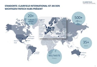 23
STANDORTE: CLAIRFIELD INTERNATIONAL IST AN DEN
WICHTIGEN FINTECH HUBS PRÄSENT
WELTWEITE
Präsenz
35+
Büros
20+
Länder mit
Clairfield
Büros
500+
Mitarbeiter
Amsterdam
Antwerpen
Barcelona
Birmingham
Brüssel
Budapest
Kopenhagen
Düsseldorf
Frankfurt
Genf
Helsinki
London
Lyon
Madrid
Marseille
Mailand
Nantes
Oslo
Paris
Stockholm
Stuttgart
Tel Aviv
Valencia
Wien
Warschau
BrisbaneCuritiba
Sao Paulo
Mexico
Stadt
New York
Washington
Miami
Atlanta
Sydney
 