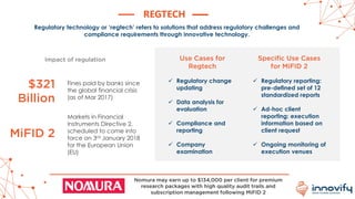 REGTECH
Nomura may earn up to $134,000 per client for premium
research packages with high quality audit trails and
subscription management following MiFID 2
Regulatory technology or ‘regtech’ refers to solutions that address regulatory challenges and
compliance requirements through innovative technology.
Use Cases for
Regtech
✓ Regulatory change
updating
✓ Data analysis for
evaluation
✓ Compliance and
reporting
✓ Company
examination
$321
Billion
Fines paid by banks since
the global financial crisis
(as of Mar 2017)
Impact of regulation
MiFID 2
Markets in Financial
Instruments Directive 2,
scheduled to come into
force on 3rd January 2018
for the European Union
(EU)
Specific Use Cases
for MiFID 2
✓ Regulatory reporting:
pre-defined set of 12
standardized reports
✓ Ad-hoc client
reporting: execution
information based on
client request
✓ Ongoing monitoring of
execution venues
 