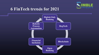 6 FinTech trends for 2021
Digital-Only
Banking
RegTech
Blockchain
Open
Banking
Financial
Inclusion
Robotic
Process
Automation
 
