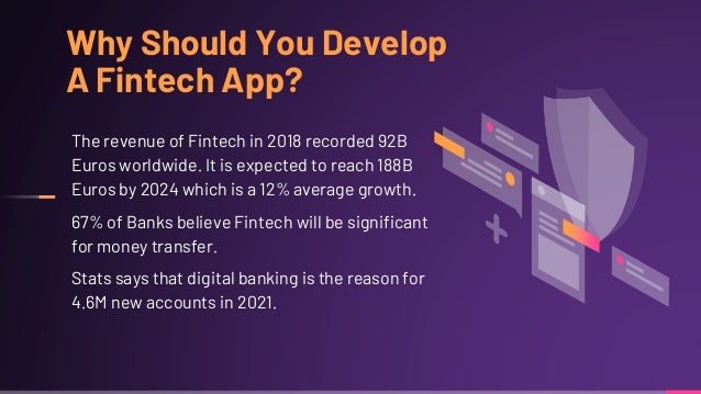 Why Should You Develop
A Fintech App?
The revenue of Fintech in 2018 recorded 92B
Euros worldwide. It is expected to reach 188B
Euros by 2024 which is a 12% average growth.
67% of Banks believe Fintech will be significant
for money transfer.
Stats says that digital banking is the reason for
4.6M new accounts in 2021.
 