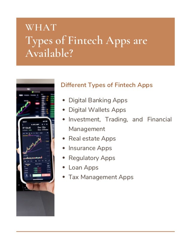 Digital Banking Apps
Digital Wallets Apps
Investment, Trading, and Financial
Management
Real estate Apps
Insurance Apps
Regulatory Apps
Loan Apps
Tax Management Apps
Different Types of Fintech Apps
Types of Fintech Apps are
Available?
WHAT
 
