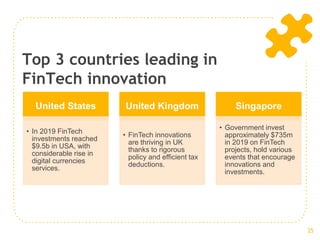 Top 3 countries leading in
FinTech innovation
United States
• In 2019 FinTech
investments reached
$9.5b in USA, with
considerable rise in
digital currencies
services.
United Kingdom
• FinTech innovations
are thriving in UK
thanks to rigorous
policy and efficient tax
deductions.
Singapore
• Government invest
approximately $735m
in 2019 on FinTech
projects, hold various
events that encourage
innovations and
investments.
25
 