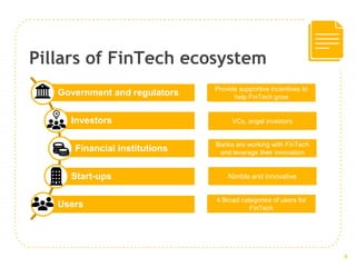 Pillars of FinTech ecosystem
Government and regulators
Investors
Financial institutions
Start-ups
Users
Provide supportive incentives to
help FinTech grow
VCs, angel investors
Banks are working with FinTech
and leverage their innovation
Nimble and innovative
4 Broad categories of users for
FinTech
4
 