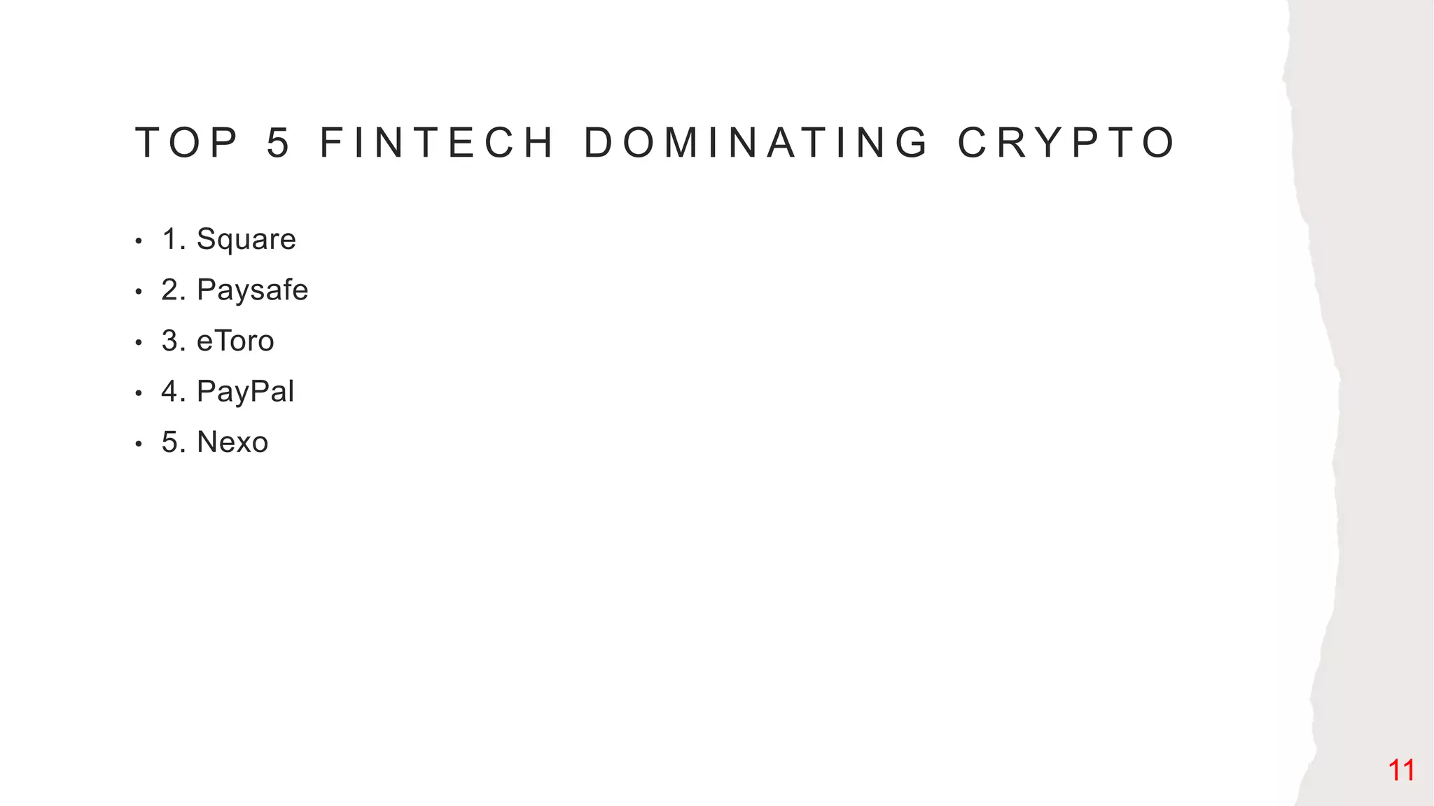 T O P 5 F I N T E C H D O M I N AT I N G C R Y P T O
• 1. Square
• 2. Paysafe
• 3. eToro
• 4. PayPal
• 5. Nexo
11
 