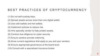 B E S T P R A C T I C E S O F C R Y P T O C U R R E N C Y
(1) Do not self-custody keys.
(2) Spread assets across more than one digital wallet.
(3) Use cold wallets and hot wallets.
(4) Implement policies to reduce risk.
(5) Hire specialty vendor to help protect assets.
(6) Conduct due diligence on cyber security.
(7) Ensure vendors provide indemnity.
(8) Know current regulations that apply to you and your vendors.
(9) Ensure appropriate governance at the board level.
(10) Consult with a specialized insurance broker.
6
 