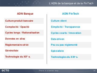 24
L’ADN de la banque et de la FinTech
Culture produit bancaire
Complexité / Opacité
Cycles longs / Rationalisation
Données en silos
Réglementaire strict
Généraliste
Technologie du XXe s.
ADN Banque
Culture client
Simplicité / Transparence
Cycles courts / Innovation
Data-driven
Peu ou pas réglementé
Spécialiste
Technologies du XXIe s.
ADN FinTech
 