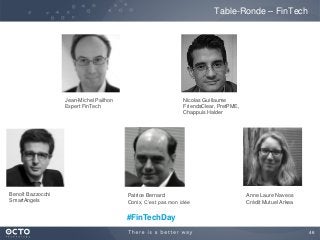 46
Table-Ronde – FinTech
Anne Laure Naveos
Crédit Mutuel Arkea
Jean-Michel Pailhon
Expert FinTech
Nicolas Guillaume
FriendsClear, PretPME,
Chappuis Halder
Patrice Bernard
Conix, C’est pas mon idée
Benoît Bazzocchi
SmartAngels
#FinTechDay
 