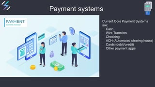 Payment systems
Current Core Payment Systems
are:
- Cash
- Wire Transfers
- Checking
- ACH (Automated clearing house)
- Ca...