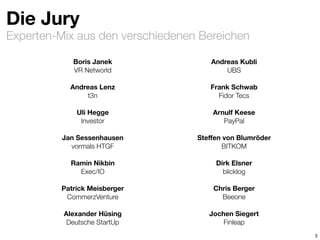 Experten-Mix aus den verschiedenen Bereichen
Die Jury
5
Boris Janek 
VR Networld
Andreas Lenz 
t3n
Uli Hegge 
Investor
Jan Sessenhausen 
vormals HTGF 
Ramin Nikbin 
Exec/IO
Patrick Meisberger 
CommerzVenture
Alexander Hüsing 
Deutsche StartUp
Andreas Kubli 
UBS
Frank Schwab 
Fidor Tecs
Arnulf Keese 
PayPal
Steﬀen von Blumröder
BITKOM
Dirk Elsner 
blicklog
Chris Berger 
Beeone
Jochen Siegert 
Finleap
 