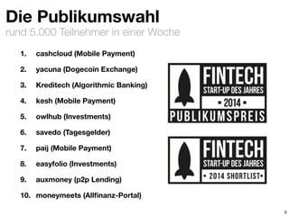 rund 5.000 Teilnehmer in einer Woche
Die Publikumswahl
1. cashcloud (Mobile Payment)
2. yacuna (Dogecoin Exchange)
3. Kreditech (Algorithmic Banking)
4. kesh (Mobile Payment)
5. owlhub (Investments)
6. savedo (Tagesgelder)
7. paij (Mobile Payment)
8. easyfolio (Investments)
9. auxmoney (p2p Lending)
10. moneymeets (Allﬁnanz-Portal)
6
 
