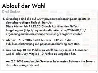 Drei Stufen
Ablauf der Wahl
5
1. Grundlage sind die auf www.paymentandbanking.com gelisteten
deutschsprachigen FinTech StartUps. 
Diese können bis 15.12.2015 duch Ausfüllen des FinTech
Fragebogens (http://paymentandbanking.com/2014/01/18/
erganzung-zur-ﬁntech-startup-vorstellung/) ergänzt werden.
2. Ab dem 16.12.2015 ﬁndet bis zum 31.12.2015 die
Publikumsabstimmung auf paymentandbanking.com statt.
3. Aus der Top 10 des Publikums wählt die Jury seine 3 Gewinner,
wobei jedes Jury-Mitglied 10 Punkte zu vergeben hat. 
 
Am 2.2.2016 werden die Gewinner beim ersten Between the Towers
des Jahres ausgezeichnet.
 