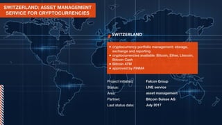 SWITZERLAND: ASSET MANAGEMENT
SERVICE FOR CRYPTOCURRENCIES
SWITZERLAND
• cryptocurrency portfolio management: storage,
exchange and reporting
• cryptocurrencies available: Bitcoin, Ether, Litecoin,
Bitcoin Cash
• Bitcoin ATM
• approved by FINMA
Project initiated: Falcon Group
Status: LIVE service
Area asset management
Partner: Bitcoin Suisse AG
Last status date: July 2017
 