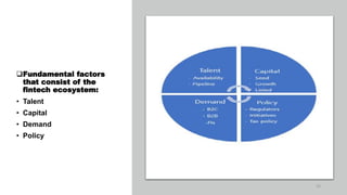 Fundamental factors
that consist of the
fintech ecosystem:
• Talent
• Capital
• Demand
• Policy
22
 