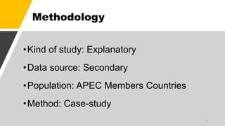 Methodology
•Kind of study: Explanatory
•Data source: Secondary
•Population: APEC Members Countries
•Method: Case-study
3
 