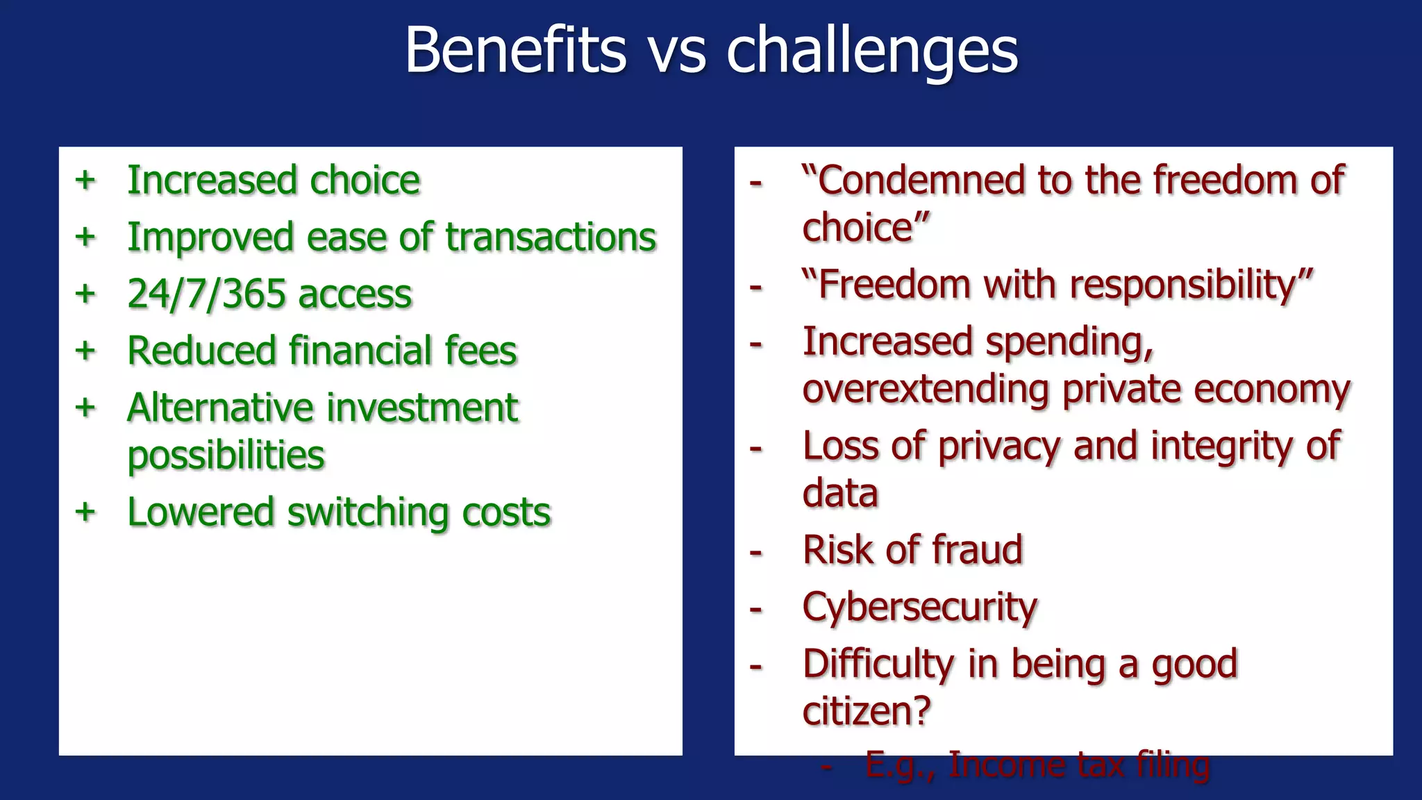Benefits vs challenges
- “Condemned to the freedom of
choice”
- “Freedom with responsibility”
- Increased spending,
overextending private economy
- Loss of privacy and integrity of
data
- Risk of fraud
- Cybersecurity
- Difficulty in being a good
citizen?
- E.g., Income tax filing
+ Increased choice
+ Improved ease of transactions
+ 24/7/365 access
+ Reduced financial fees
+ Alternative investment
possibilities
+ Lowered switching costs
 