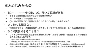 まとめじみたもの
• SSI ------------à DID、VC。だいぶ距離がある
• そもそも思想の話と技術の話なので短絡させない
• ×）DIDがあればSSIが実現する！
• ◯）SSIの思想とDIDで実現できることの「ごく一部」に共通点がある
• DIDとVCも関係なし
• VC単体で使うケースは既に広がってきている（ワクチン接種証明、モバイル運転免許証）
• DIDで実現できることは？
• これまでデータの署名検証をIdPに依存しない形（疎結合な環境）で実施するための仕組み
は色々と考えられてきた
• SIOP：subに公開鍵のThumbprintを入れる
• 学術認証フェデレーション：コンソーシアムでの公開鍵を含むmetadataの管理・公開
• DIDはIdPに依存しない（しなくても良い）形で公開鍵を含むmetadata（DID Document）
へのロケータであり、SIOPや学術でやってきたこととならび疎結合実現の候補の一つ
 