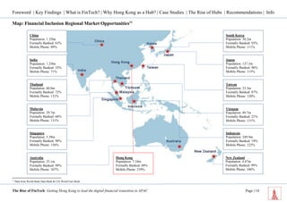 Foreword | Key Findings | What is FinTech? | Why Hong Kong as a Hub? | Case Studies | The Rise of Hubs | Recommendations | Info 
The Rise of FinTech: Getting Hong Kong to lead the digital financial transition in APAC Page | 14 
Map: Financial Inclusion Regional Market Opportunities11 
11 Data from World Bank Data Bank & CIA World Fact Book 
China Population: 1.35bn Formally Banked: 63% 
Mobile Phone: 89% 
India Population: 1.25bn Formally Banked: 35% 
Mobile Phone: 71% 
Thailand Population: 60.0m Formally Banked: 72% 
Mobile Phone: 131% 
Malaysia Population: 29.7m Formally Banked: 66% 
Mobile Phone: 131% 
Singapore Population: 5.39m Formally Banked: 98% 
Mobile Phone: 156% 
Australia Population: 23.1m Formally Banked: 99% 
Mobile Phone: 107% 
South Korea Population: 50.2m Formally Banked: 93% 
Mobile Phone: 111% 
Japan Population: 127.3m Formally Banked: 96% 
Mobile Phone: 115% 
Taiwan Population: 23.3m Formally Banked: 87% 
Mobile Phone: 120% 
Vietnam Population: 89.7m Formally Banked: 21% 
Mobile Phone: 131% 
Indonesia Population: 249.9m Formally Banked: 19% 
Mobile Phone: 122% 
New Zealand Population: 4.47m Formally Banked: 99% 
Mobile Phone: 106% 
Hong Kong Population: 7.18m Formally Banked: 88% 
Mobile Phone: 239% 
Vietnam  