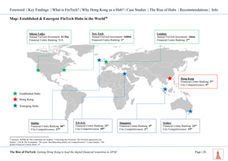 Foreword | Key Findings | What is FinTech? | Why Hong Kong as a Hub? | Case Studies | The Rise of Hubs | Recommendations | Info 
The Rise of FinTech: Getting Hong Kong to lead the digital financial transition in APAC Page | 20 
Map: Established & Emergent FinTech Hubs in the World20 
20 Sources: KPMG & The Committee for Sydney, “Unlocking the Potential: The FinTech opportunity for Sydney”, Citi & The Economist, “Hot spots, Benchmarking global city competitiveness”, Long Finance, ‘The global Financial Centres Index 15” 
Silicon Valley Annual FinTech Investment: $1.5bn 
Financial Centre Ranking: N/A 
New York 
Annual FinTech Investment: $600m 
Financial Centre Ranking: 1st 
London: 
Annual FinTech Investment: $66m 
Financial Centre Ranking: 2nd 
Dublin Financial Centre Ranking: 66th 
City Competitiveness: 27th 
Tel-Aviv 
Financial Centre Ranking: 21st 
City Competitiveness: 59th 
Singapore 
Financial Centre Ranking: 4th 
City Competitiveness: 3rd 
Sydney 
Financial Centre Ranking: 23rd 
City Competitiveness: 15th 
Hong Kong Financial Centre Ranking: 3rd 
City Competitiveness: 4th 
Established Hubs 
Hong Kong 
Emerging Hubs  