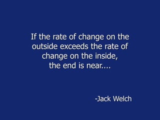 If the rate of change on the
outside exceeds the rate of
change on the inside,
the end is near....
-Jack Welch
 