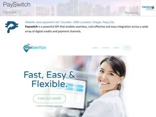 Payswitch is a powerful API that enables seamless, cost-effective and easy integration across a wide
array of digital credits and payment channels.
 