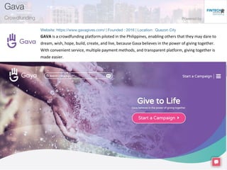 GAVA is a crowdfunding platform piloted in the Philippines, enabling others that they may dare to
dream, wish, hope, build, create, and live, because Gava believes in the power of giving together.
With convenient service, multiple payment methods, and transparent platform, giving together is
made easier.
 