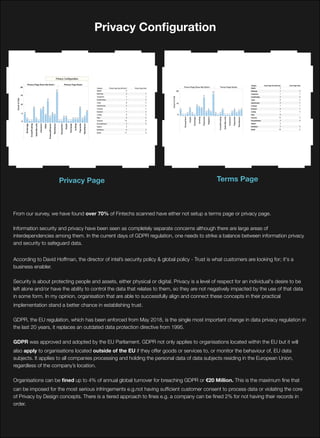 Privacy Page Terms Page
From our survey, we have found over 70% of Fintechs scanned have either not setup a terms page or privacy page.
Information security and privacy have been seen as completely separate concerns although there are large areas of
interdependencies among them. In the current days of GDPR regulation, one needs to strike a balance between information privacy
and security to safeguard data.
According to David Hoffman, the director of intel’s security policy & global policy - Trust is what customers are looking for; it's a
business enabler.
Security is about protecting people and assets, either physical or digital. Privacy is a level of respect for an individual's desire to be
left alone and/or have the ability to control the data that relates to them, so they are not negatively impacted by the use of that data
in some form. In my opinion, organisation that are able to successfully align and connect these concepts in their practical
implementation stand a better chance in establishing trust.
GDPR, the EU regulation, which has been enforced from May 2018, is the single most important change in data privacy regulation in
the last 20 years, it replaces an outdated data protection directive from 1995.
GDPR was approved and adopted by the EU Parliament. GDPR not only applies to organisations located within the EU but it will
also apply to organisations located outside of the EU if they offer goods or services to, or monitor the behaviour of, EU data
subjects. It applies to all companies processing and holding the personal data of data subjects residing in the European Union,
regardless of the company’s location.
Organisations can be ﬁned up to 4% of annual global turnover for breaching GDPR or €20 Million. This is the maximum ﬁne that
can be imposed for the most serious infringements e.g.not having sufﬁcient customer consent to process data or violating the core
of Privacy by Design concepts. There is a tiered approach to ﬁnes e.g. a company can be ﬁned 2% for not having their records in
order.
Privacy Conﬁguration
 