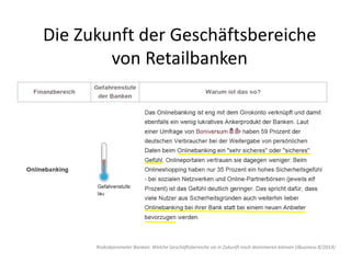 Die Zukunft der Geschäftsbereiche
von Retailbanken
Risikobarometer Banken: Welche Geschäftsbereiche sie in Zukunft noch dominieren können (iBusiness 8/2014)
 