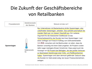 Die Zukunft der Geschäftsbereiche
von Retailbanken
Risikobarometer Banken: Welche Geschäftsbereiche sie in Zukunft noch dominieren können (iBusiness 8/2014)
 