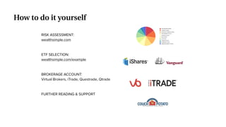 RISK ASSESSMENT:
wealthsimple.com
ETF SELECTION:
wealthsimple.com/example
BROKERAGE ACCOUNT:
Virtual Brokers, iTrade, Questrade, Qtrade
FURTHER READING & SUPPORT
How to do it yourself
 