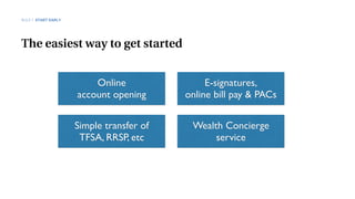 The easiest way to get started
RULE 1 START EARLY
Online
account opening
E-signatures,
online bill pay & PACs
Simple transfer of
TFSA, RRSP, etc
Wealth Concierge
service
 