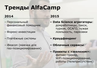 2014 2015
– Data Science aгрегаторы:
домработницы, такси,
туризм, ОСАГО, чужая
лояльность, парковки
– Краудфандинг
– Облачные сервисы
– Проекты с «железом»:
фитнес-трекер,
WiFi-позиционирование,
роботы (телеприсутствие)
– Персональный
финансовый помощник
– Форекс-инвестиции
– Платёжные системы
– iBeacon (маячки для
гео-позиционирования)
Тренды AlfaCamp
 