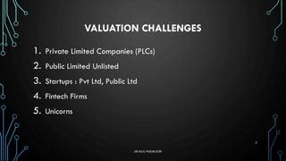 VALUATION CHALLENGES
1. Private Limited Companies (PLCs)
2. Public Limited Unlisted
3. Startups : Pvt Ltd, Public Ltd
4. F...
