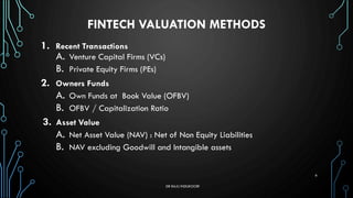 FINTECH VALUATION METHODS
1. Recent Transactions
A. Venture Capital Firms (VCs)
B. Private Equity Firms (PEs)
2. Owners Fu...