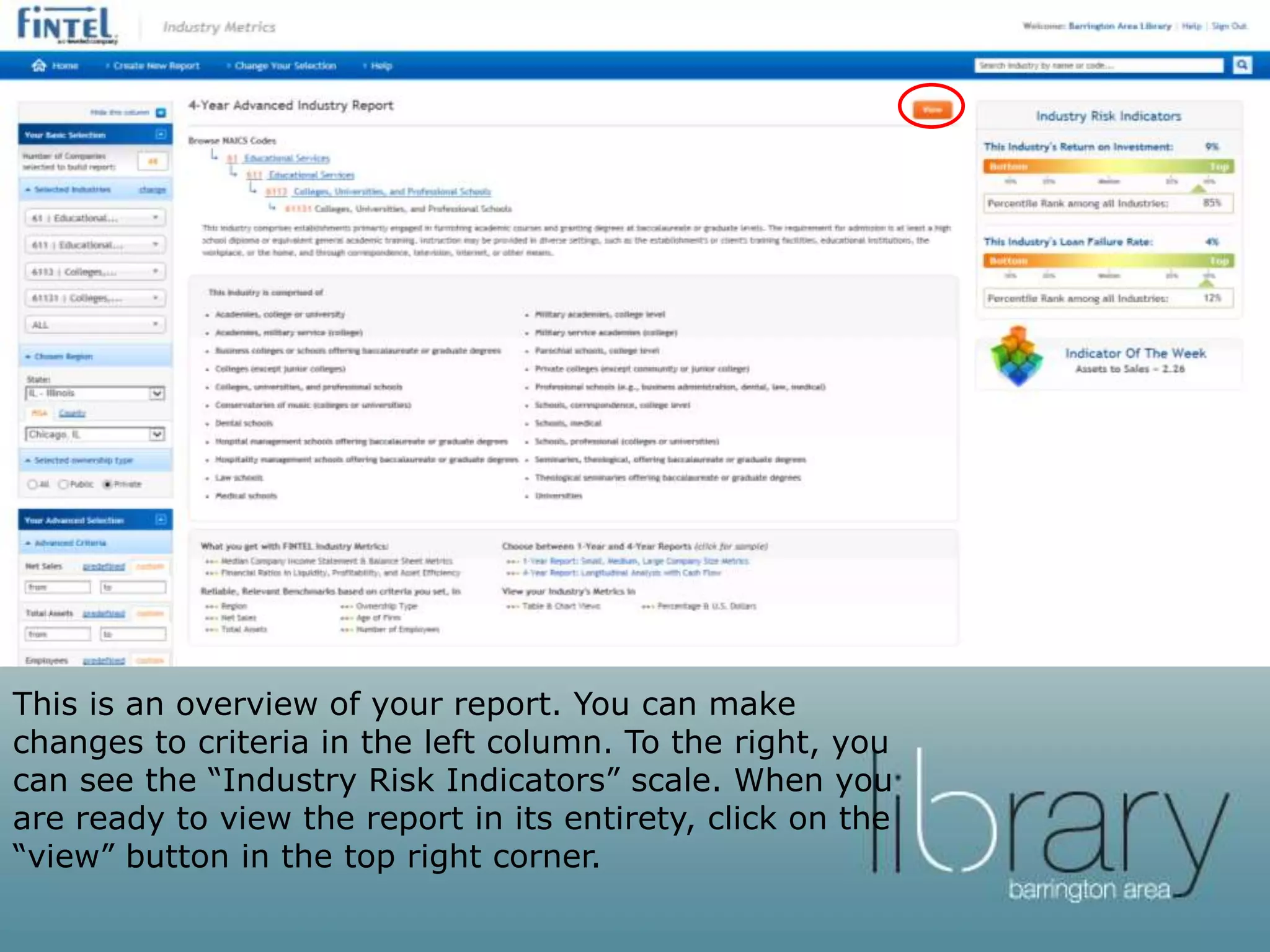 This is an overview of your report. You can make
changes to criteria in the left column. To the right, you
can see the “Industry Risk Indicators” scale. When you
are ready to view the report in its entirety, click on the
“view” button in the top right corner.
 