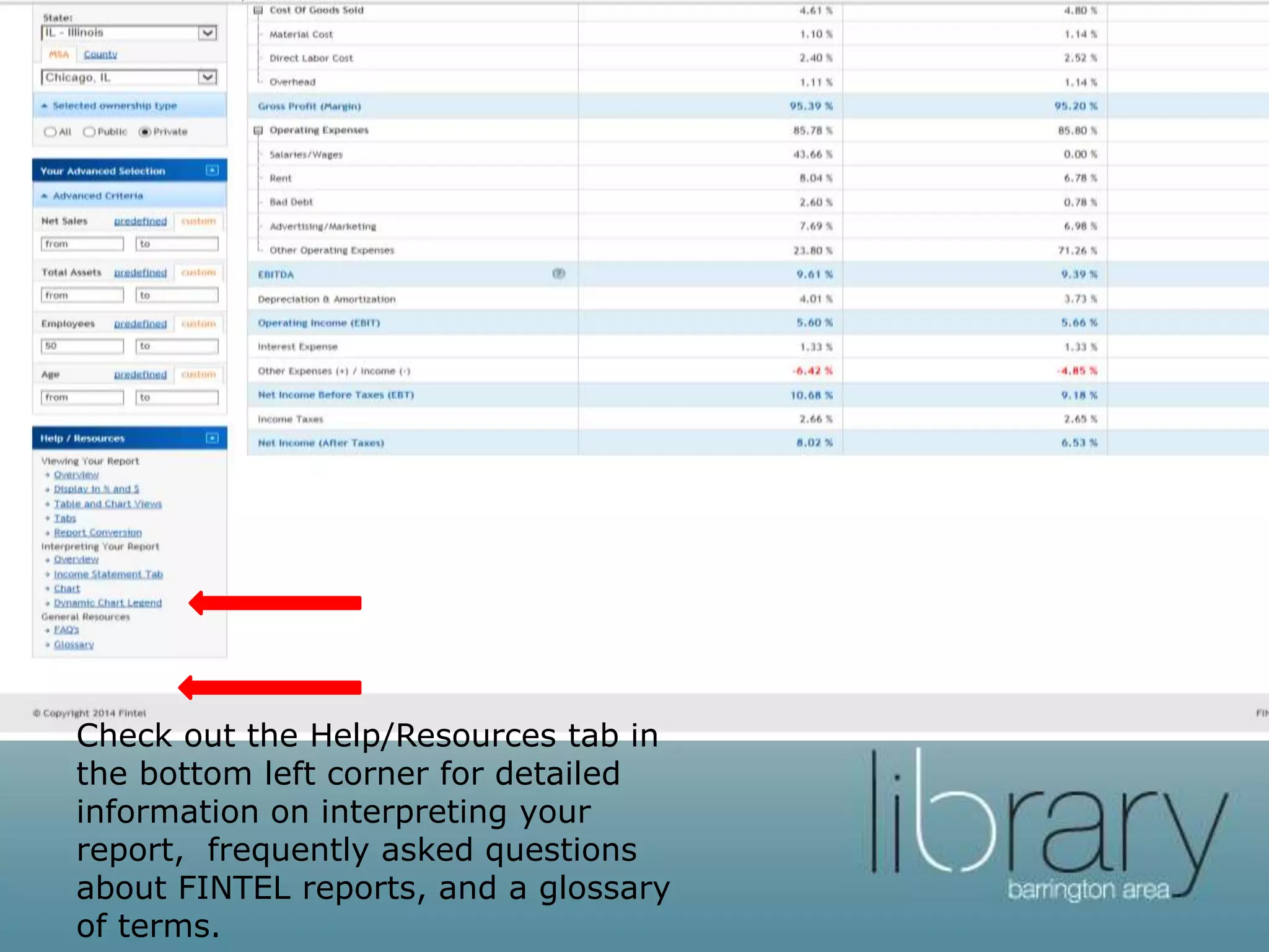 Check out the Help/Resources tab in
the bottom left corner for detailed
information on interpreting your
report, frequently asked questions
about FINTEL reports, and a glossary
of terms.
 