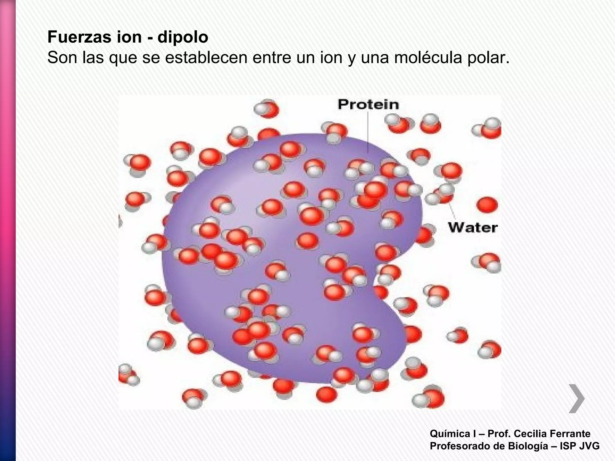 Química I – Prof. Cecilia Ferrante
Profesorado de Biología – ISP JVG
Fuerzas ion - dipolo
Son las que se establecen entre un ion y una molécula polar.
 