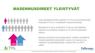 MASENNUSOIREET YLEISTYVÄT
Tiedot koskevat yli 30-vuotiaita aikuisia, lähteet Terveys 2011 ja FinTerveys 2017
Joka kahdeksannella naisella (13 %) ja kymmenennellä
miehellä (9 %) on merkittäviä masennusoireita
Naisista 8 %:lla ja miehistä 6 %:lla on ollut lääkärin
toteama tai hoitama masennus 12 viime kuukauden
aikana
Masennusoireet ovat yleistymässä: naisilla merkittäviä
masennusoireita kokeneiden osuus on noussut 4 ja
miehillä 3 prosenttiyksikköä vuosien 2011 ja 2017
välillä+4% +3%
 