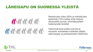 LÄHEISAPU ON SUOMESSA YLEISTÄ
13.4.2018 22Tiedot koskevat yli 30-vuotiaita aikuisia
Naisista joka viides (20%) ja miehistä joka
seitsemäs (14%) auttaa oman kotinsa
ulkopuolella asuvaa, toimintakyvyltään
heikentynyttä henkilöä
Yleisimmät tavat auttaa ovat tuki ja
neuvonta, sosiaalisten suhteiden ylläpito
sekä kauppa- ja pankkiasioiden hoitaminen
 