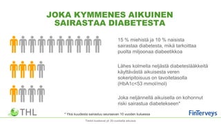 JOKA KYMMENES AIKUINEN
SAIRASTAA DIABETESTA
Tiedot koskevat yli 30-vuotiaita aikuisia
15 % miehistä ja 10 % naisista
sairastaa diabetesta, mikä tarkoittaa
puolta miljoonaa diabeetikkoa
Joka neljännellä aikuisella on kohonnut
riski sairastua diabetekseen*
Lähes kolmella neljästä diabeteslääkkeitä
käyttävästä aikuisesta veren
sokeripitoisuus on tavoitetasolla
(HbA1c<53 mmol/mol)
* Yksi kuudesta sairastuu seuraavan 10 vuoden kuluessa
 