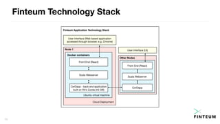 Finteum Technology Stack
10
User Interface (Web based application
accessed through browser, e.g. Chrome)
Finteum Application Technology Stack
Scala Webserver
CorDapp - back end application
built on R3’s Corda (H2 DB)
Cloud Deployment
Ubuntu virtual machine
Docker containers
Node 1
Front End (React)
Other Nodes
Front End (React)
Scala Webserver
CorDapp
User Interface (UI)
 