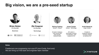 Big vision, we are a pre-seed startup
3
Stirling Fielding
Advisor - Product
20 years in treasury,
most recently MD
head liquidity,
Deutsche Bank
James Carlyle
Advisor - Technology
25+ years in
technology including
9 at Barclays, chief
engineer at R3
Zbi Czapran
Co-founder
Technology
Brian Nolan
Co-founder
Business
Andrii Nesteruk
Angel Investor
10 years in
investment banking,
including creating
an advisory firm
3
Notes
Freelancers are progressing non-core IP (non-Corda, front end)
We are hiring our first back end engineer team member
3
 