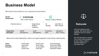 Business Model
9
Rationale
‘All-to-all’ platforms often
struggle. We need banks for
settlement and for market
liquidity.
We will help banks to reduce
cost, and to solve problems
for their clients, without
disintermediating or
disrupting them.
We want to have banks as our customers (only banks)
Vendor
Relationship
Client
Success
Examples
Treasury, Treasury Markets
Supporting
Synergies
Wealth
Management
Asset
Management
Investment
Bank
Operations,
Risk, Finance
Family office
earns extra
20bps on
excess cash
Pension fund
earns 10bps
on uninvested
AUM cash
Prime Brokerage
client earns 50bps
around year end in
dislocated markets
Bank owns its client relationships, Finteum can support integration to help improve market liquidity
Potential add-ons: Single Dealer
Platform
integration
IB
Handoff
Cash Man. &
Risk modules
MTF, or MTF Partner
 