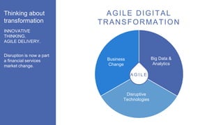 Thinking about
transformation
AGILE DIGITAL
TRANSFORMATION
INNOVATIVE
THINKING.
AGILE DELIVERY.
Disruption is now a part
a financial services
market change.
A G I L E
Business
Change
Big Data &
Analytics
Disruptive
Technologies
 