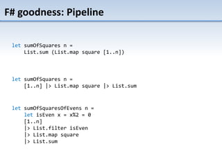 TAB FOUR TAB FIVE
F# goodness: Pipeline
let sumOfSquares n =
List.sum (List.map square [1..n])
let sumOfSquares n =
[1..n] |> List.map square |> List.sum
let sumOfSquaresOfEvens n =
let isEven x = x%2 = 0
[1..n]
|> List.filter isEven
|> List.map square
|> List.sum
 