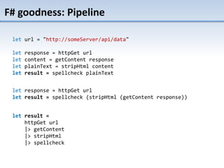 TAB FIVE
F# goodness: Pipeline
let result =
httpGet url
|> getContent
|> stripHtml
|> spellcheck
let url = "http://someServer/api/data"
let response = httpGet url
let content = getContent response
let plainText = stripHtml content
let result = spellcheck plainText
let response = httpGet url
let result = spellcheck (stripHtml (getContent response))
 