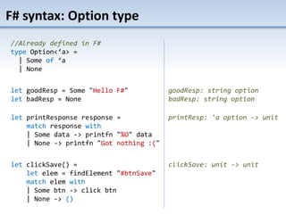 F# syntax: Option type
//Already defined in F#
type Option<‘a> =
| Some of ‘a
| None
goodResp: string option
badResp: string option
let goodResp = Some "Hello F#"
let badResp = None
let printResponse response =
match response with
| Some data -> printfn "%O" data
| None -> printfn "Got nothing :("
let clickSave() =
let elem = findElement "#btnSave"
match elem with
| Some btn -> click btn
| None -> ()
clickSave: unit -> unit
printResp: 'a option -> unit
 