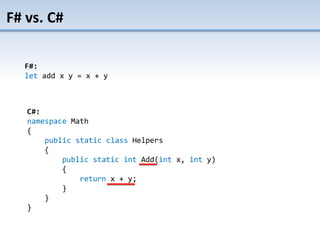 F# vs. C#
C#:
namespace Math
{
public static class Helpers
{
public static int Add(int x, int y)
{
return x + y;
}
}
}
F#:
let add x y = x + y
 